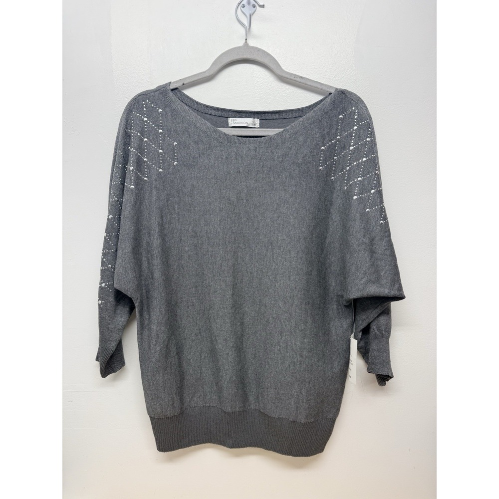 89TH & MADISON Gray Crystal Boat Neck Dolman Sleeve Pullover Sweater Medium #32